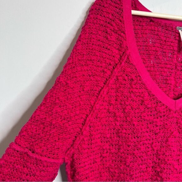 Free People Womens Size Small Bright Pink Loose Knit V Neck Oversized Sweater - Picture 4 of 9
